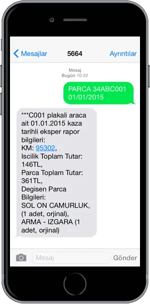 plakadan hasar kaydi sms