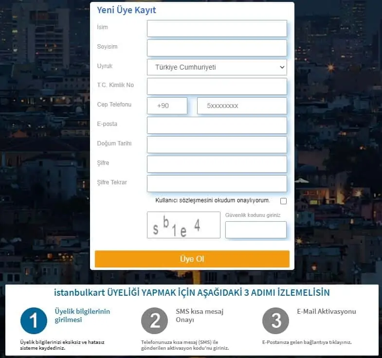 istanbulkart yeni üyelik ekranı