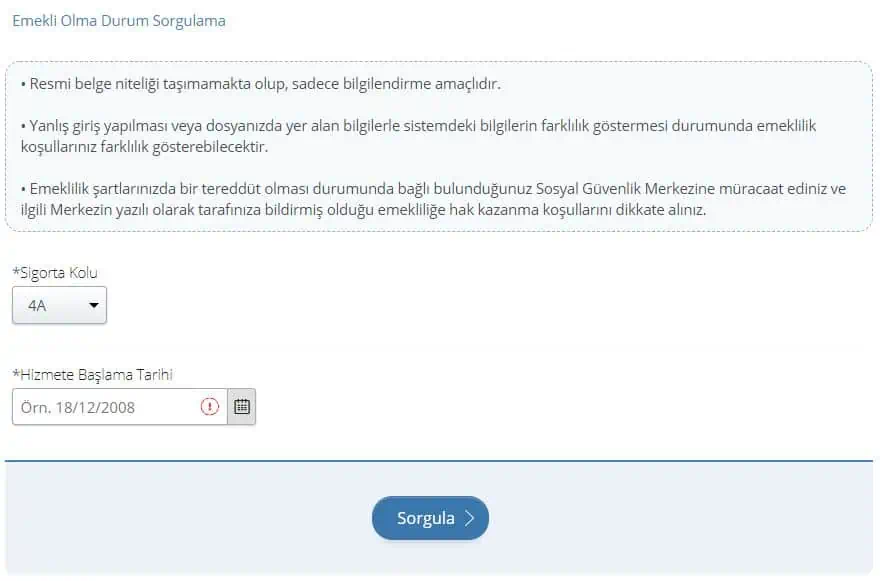 emeklilik hesaplama ekranı
