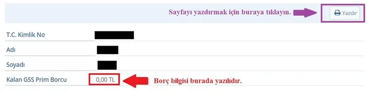 gss prim borç sonuç ekranı