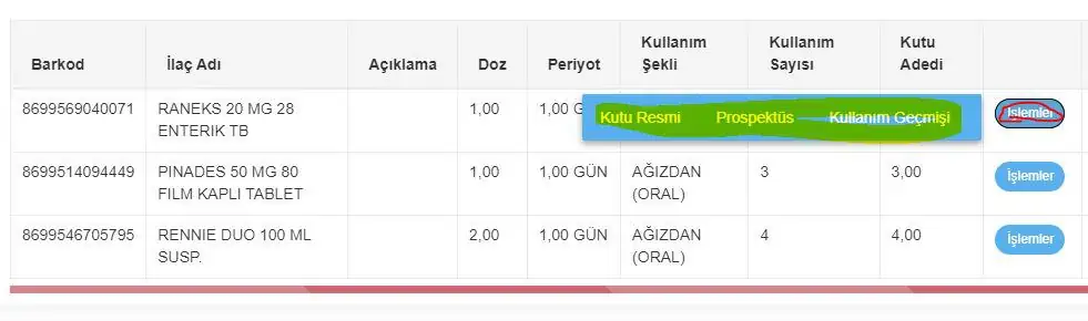 recete kullanim ekran